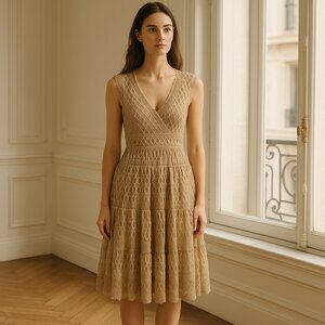 Max Studio Taupe Stretch Lace Midi Dress (L) Fit & Flare Vintage Y2K Coquette